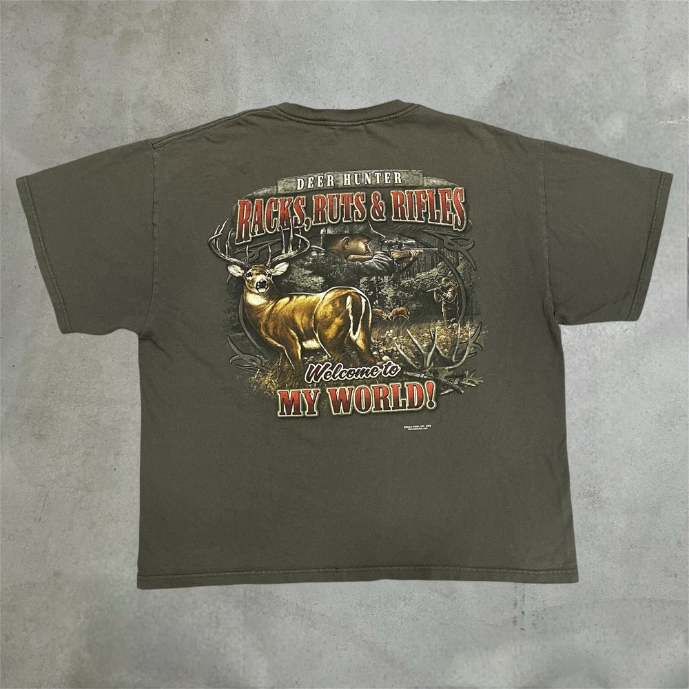 Vintage 2006 Buck Wear Deer Hunter Racks Ruts Rifles T-Shirt Mens Large Green
